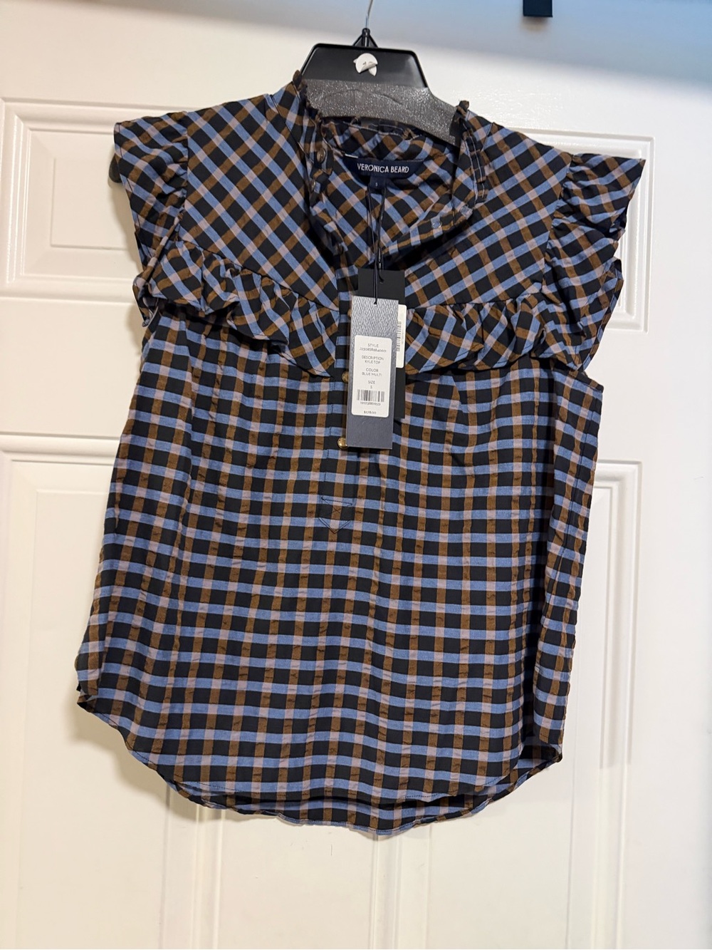 Veronica Beard Blue and Brown Check Ruffle Shoulder Camisole
